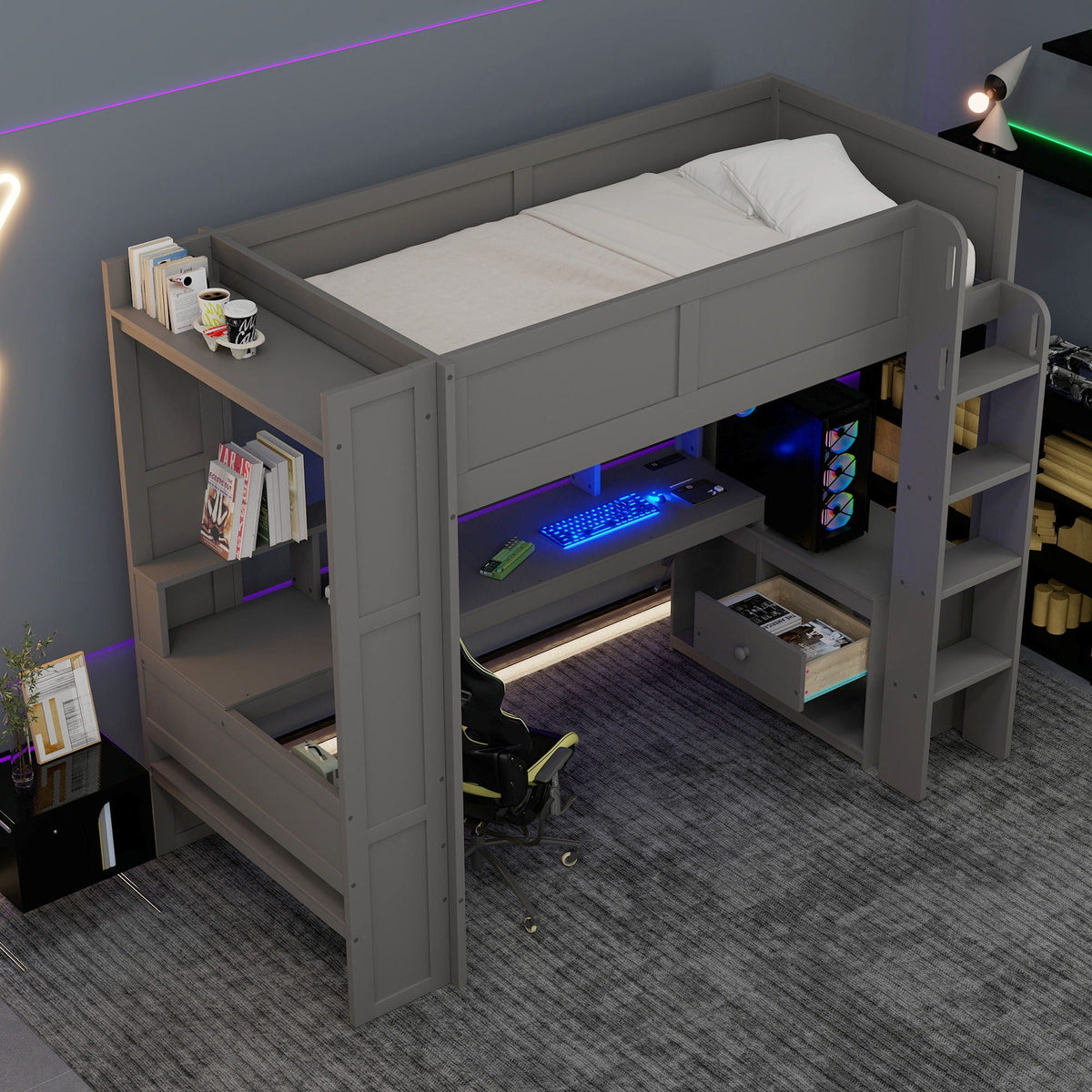 Gaming Loft Bed With Desk, Multi Storage Shelves, LED And Charging Station