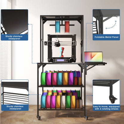 Heavy Duty 3D Printer Stand With Filament Storage Rack - Black