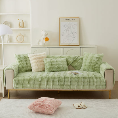 Soft Thick Faux Fur Sofa Cover Stripe Fluffy Fuzzy Non-Slip Washable Couch Covers