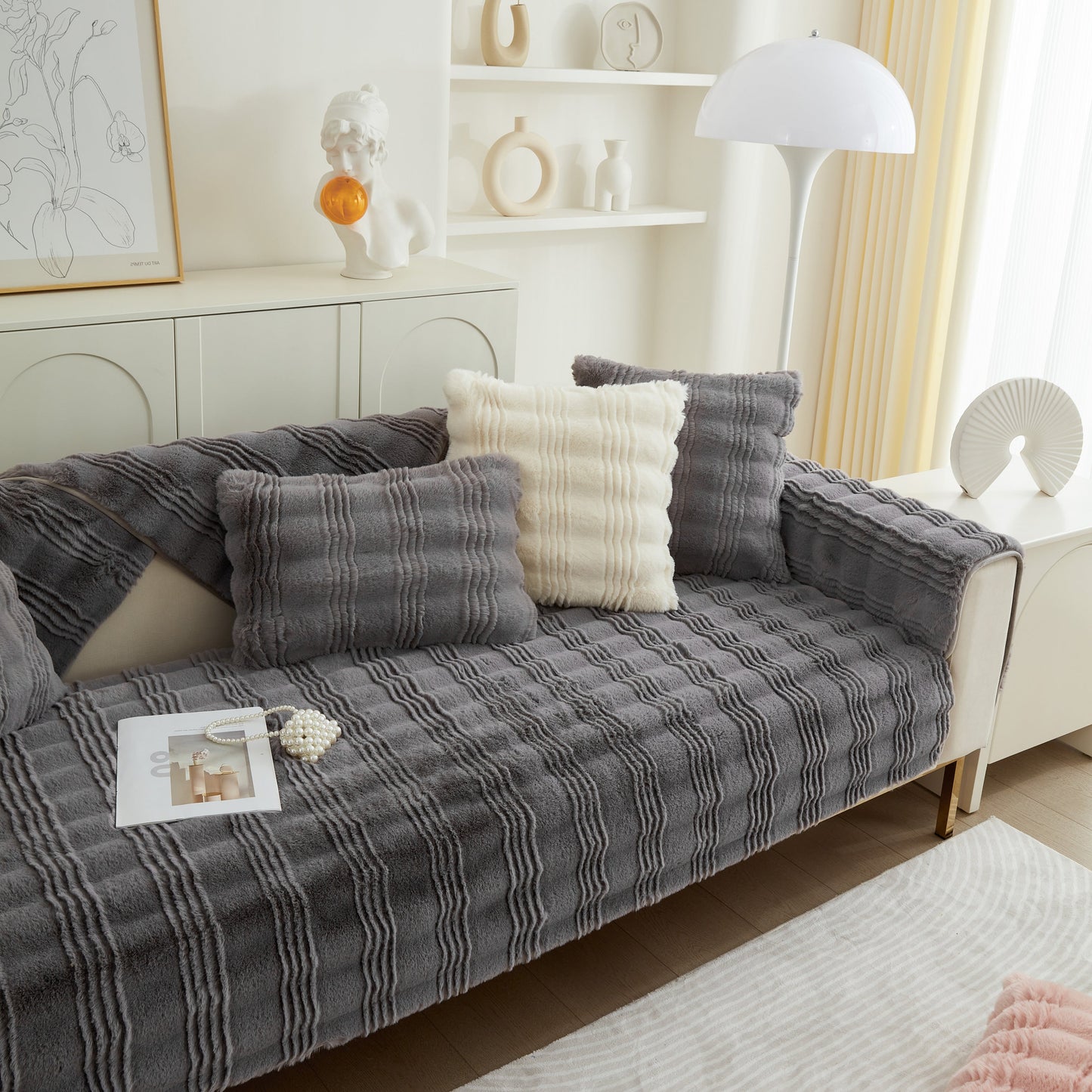 Soft Thick Faux Fur Sofa Cover Stripe Fluffy Fuzzy Non-Slip Washable Couch Covers