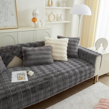 Soft Thick Faux Fur Sofa Cover Stripe Fluffy Fuzzy Non-Slip Washable Couch Covers