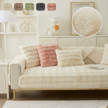 Soft Thick Faux Fur Sofa Cover Stripe Fluffy Fuzzy Non-Slip Washable Couch Covers