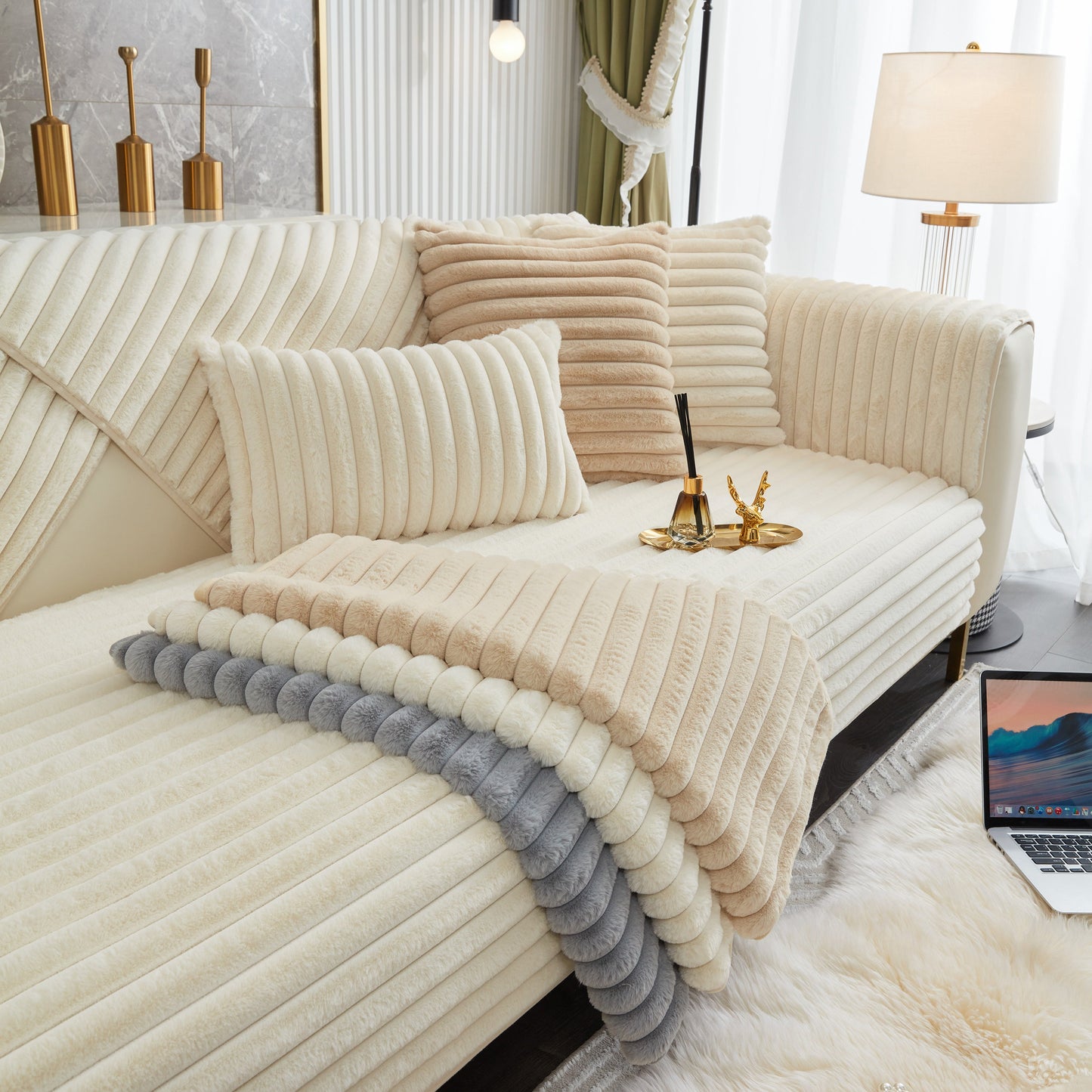 Winter Thickened Rabbit Plush Non-slip Sofa Cushion, Faux Fur Fluffy Furniture Protector