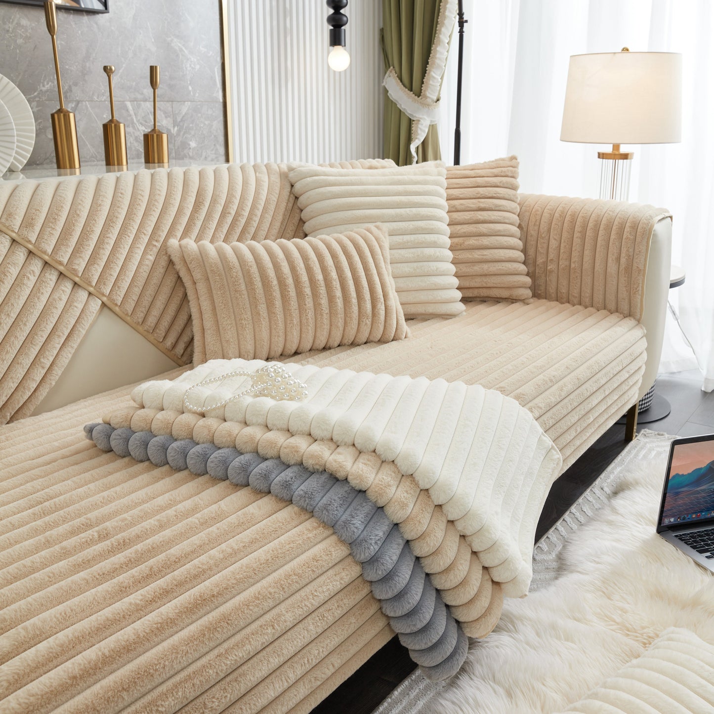 Winter Thickened Rabbit Plush Non-slip Sofa Cushion, Faux Fur Fluffy Furniture Protector