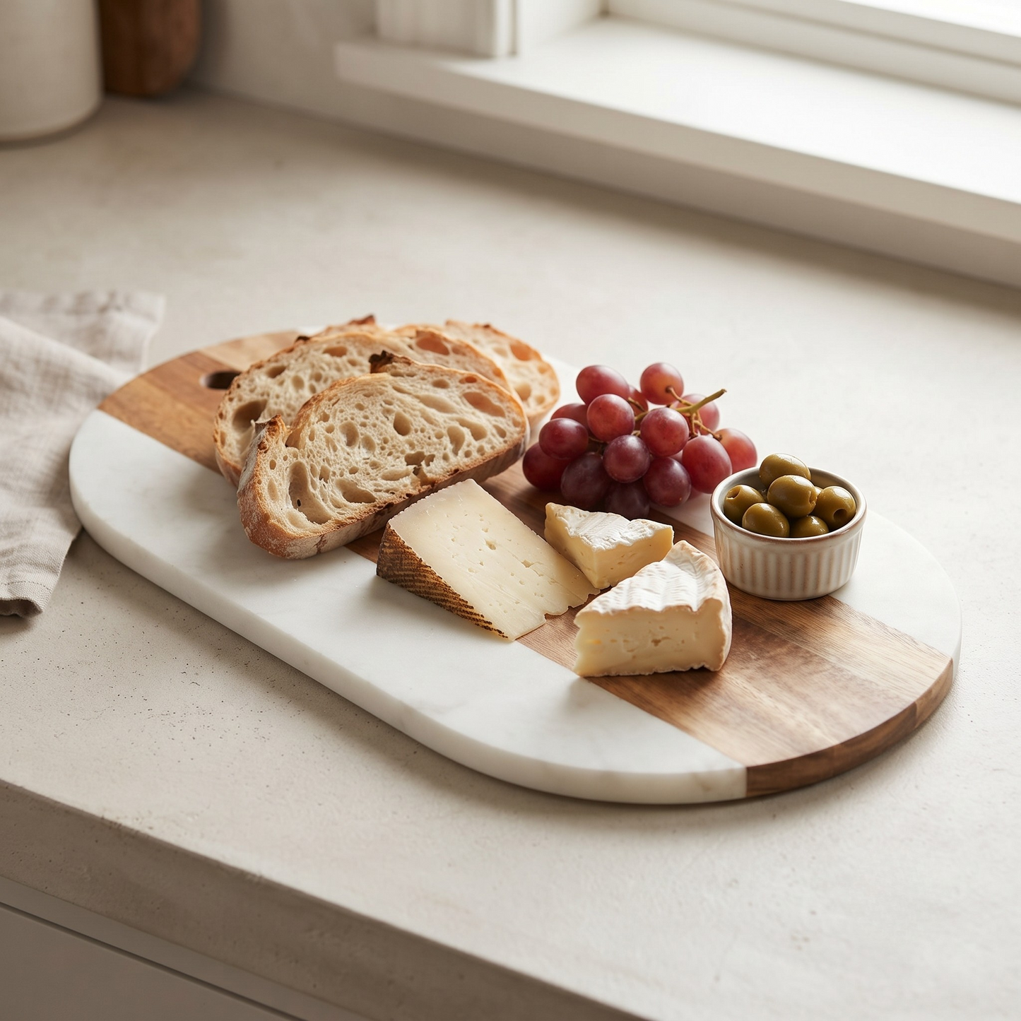 White Marble and Acacia Wood Oval Board