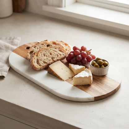 White Marble and Acacia Wood Oval Board