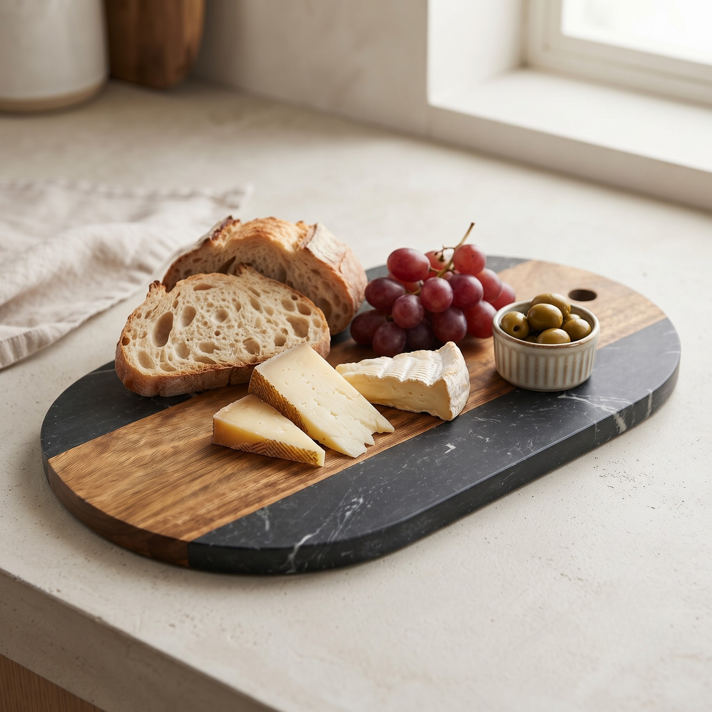 Black Marble and Acacia Wood Oval Board