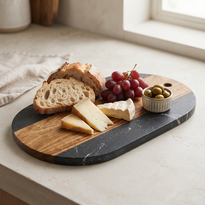 Black Marble and Acacia Wood Oval Board