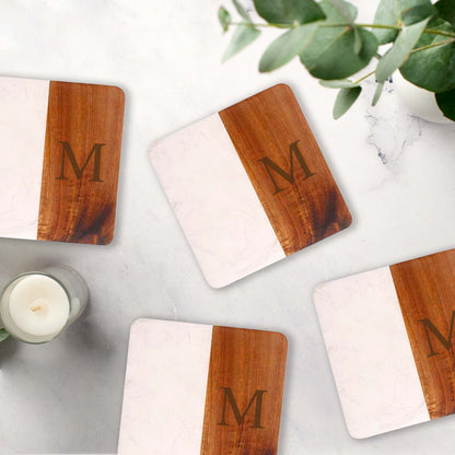 Set Of 4 White Marble and Acacia Wood 4" Square Coasters