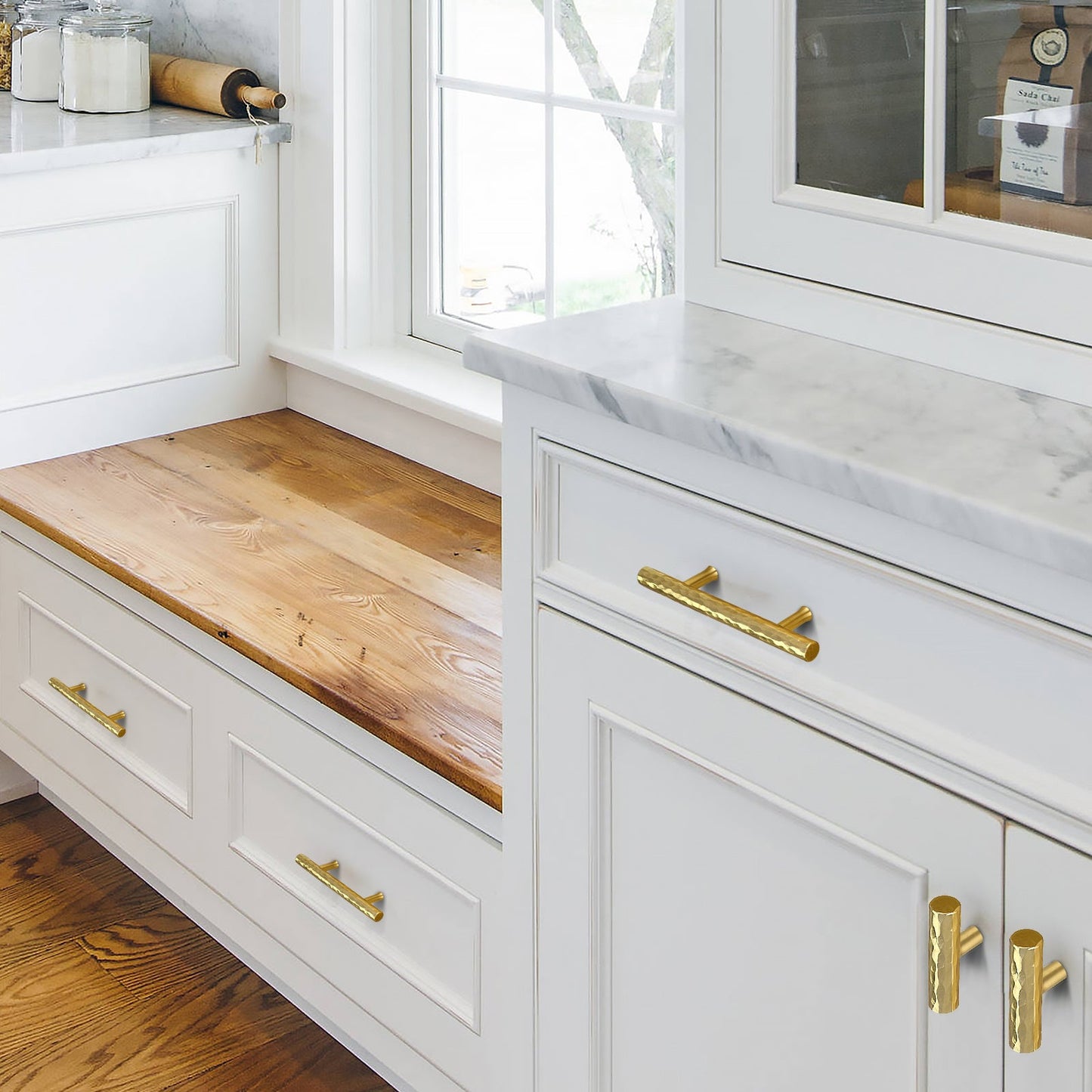 Akicon Hammered Polished Gold Kitchen T Bar Cabinet Pulls 100% Solid Brass Drawer Knob AK01917A-PB