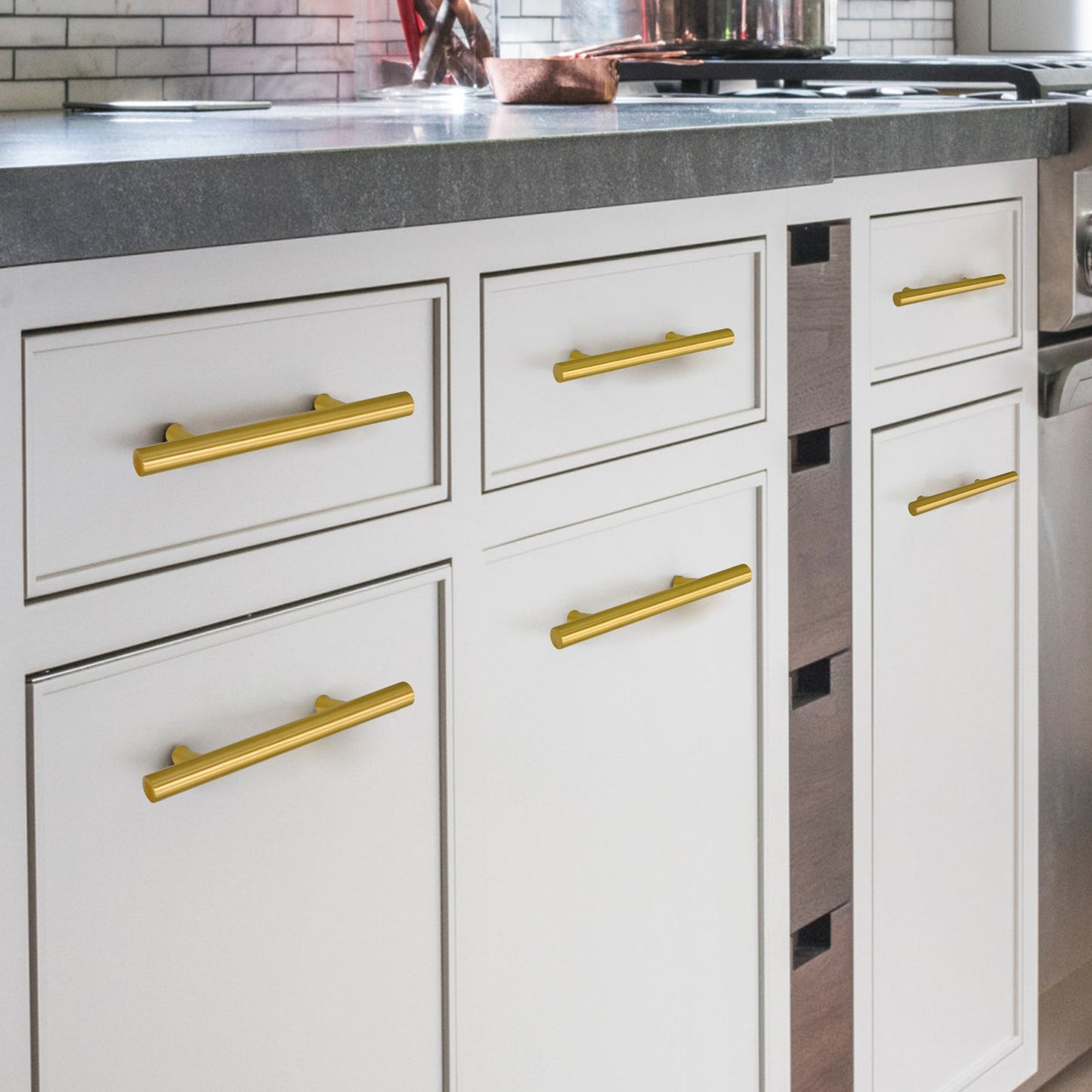 Akicon Brushed Gold Kitchen Cabinet Handles 100% Solid Brass Drawer Pulls