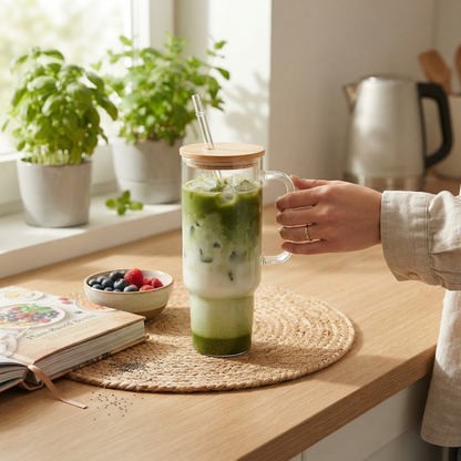 Glass 40 oz. Tumbler with Bamboo Lid, Handle & Straw - Clear