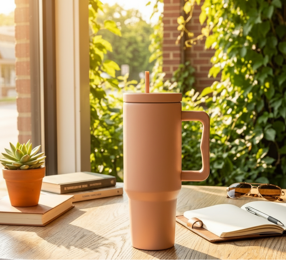 40 oz. Stainless Steel Modern Tumbler with Handle & Straw - Tan