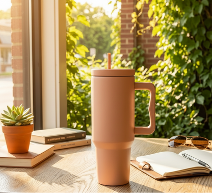 40 oz. Stainless Steel Modern Tumbler with Handle & Straw - Tan
