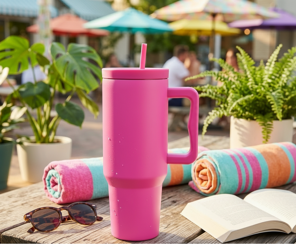 40 oz. Stainless Steel Modern Tumbler with Handle & Straw - Hot Pink