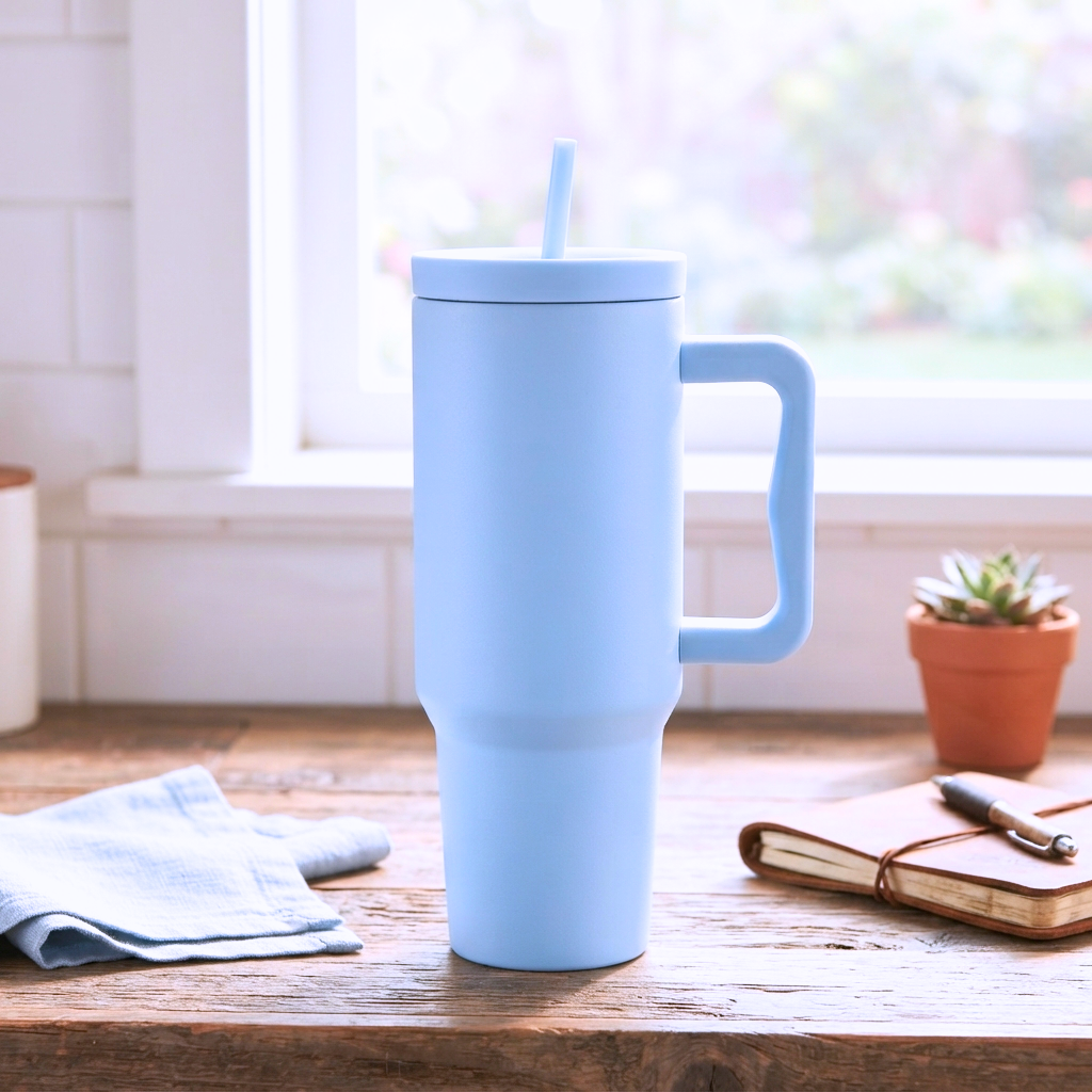 40 oz. Stainless Steel Modern Tumbler with Handle & Straw - Light Blue