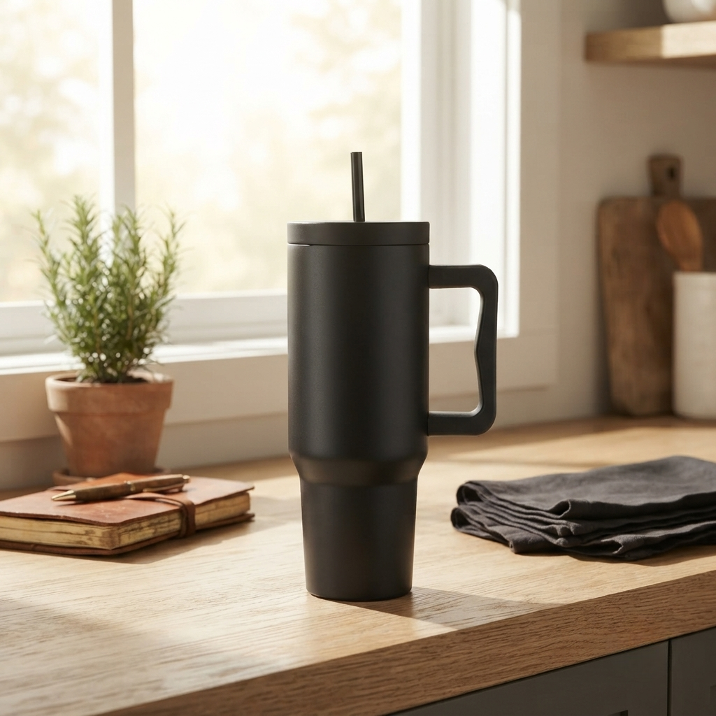 40 oz. Stainless Steel Modern Tumbler with Handle & Straw - Black