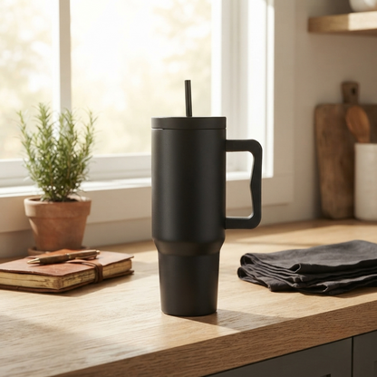 40 oz. Stainless Steel Modern Tumbler with Handle & Straw - Black