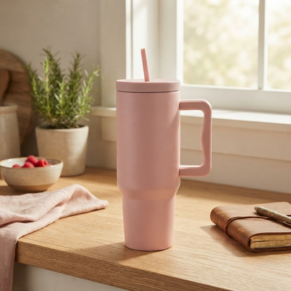 40 oz. Stainless Steel Modern Tumbler with Handle & Straw - Pink