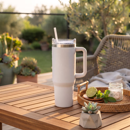 40 Oz Stainless Steel Tumbler with Handle & Straw - White