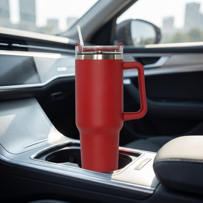 40 Oz Stainless Steel Tumbler with Handle & Straw - Red