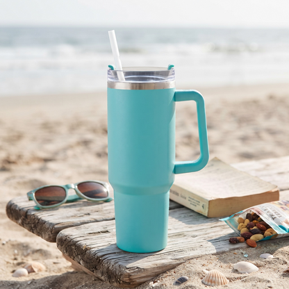 40 Oz Stainless Steel Tumbler with Handle & Straw - Aqua