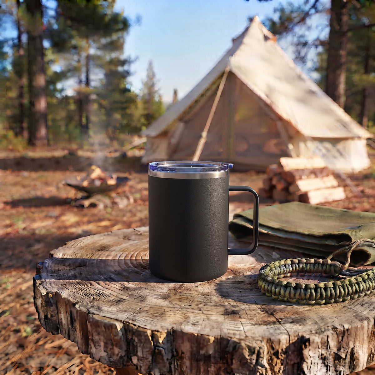 12 Oz Stainless Steel Travel Mug with Handle - Black
