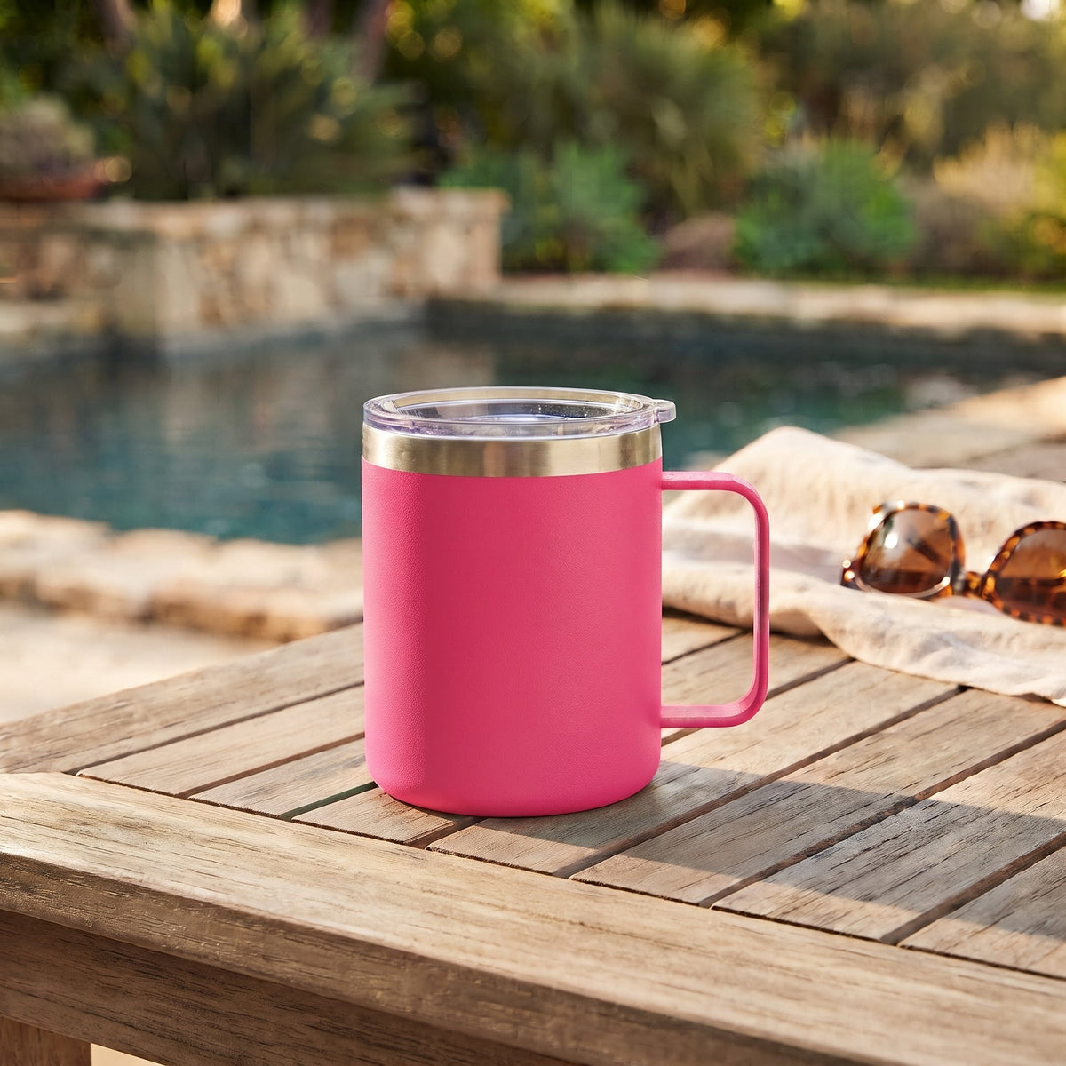 12 Oz Stainless Steel Travel Mug with Handle - Hot Pink