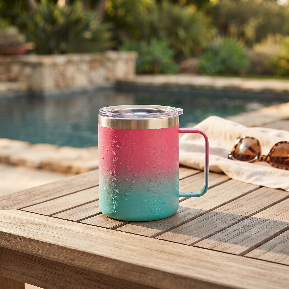 12 Oz Stainless Steel Travel Mug with Handle - Hot Pink & Blue