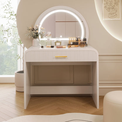 Makeup Vanity Table With Mirror Touch Screen Lighted Mirror, Dressing Table With Drawer For Bedroom - White