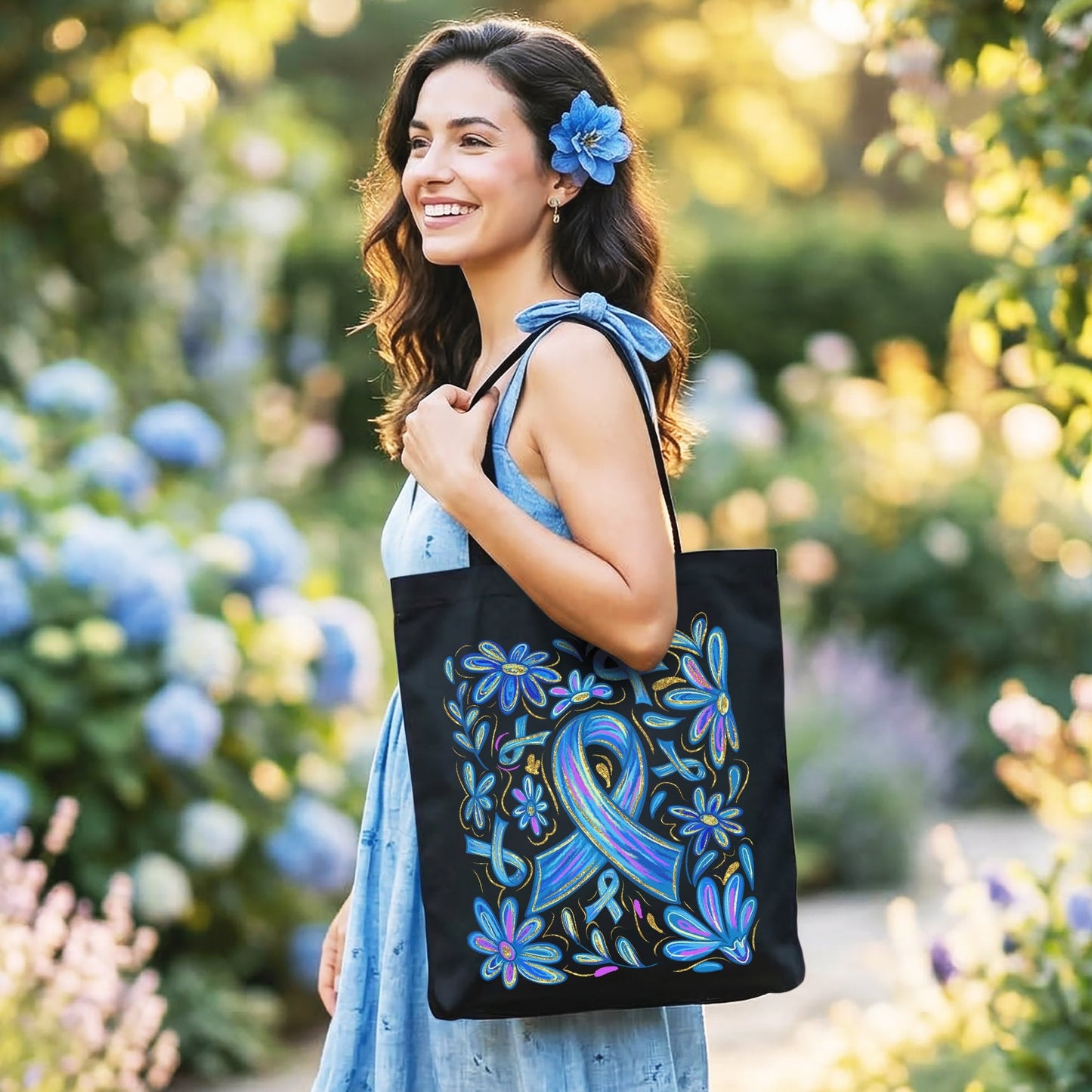 Diabetes Blue Ribbon Floral Tote Bag, Awareness Support Gift Shopper