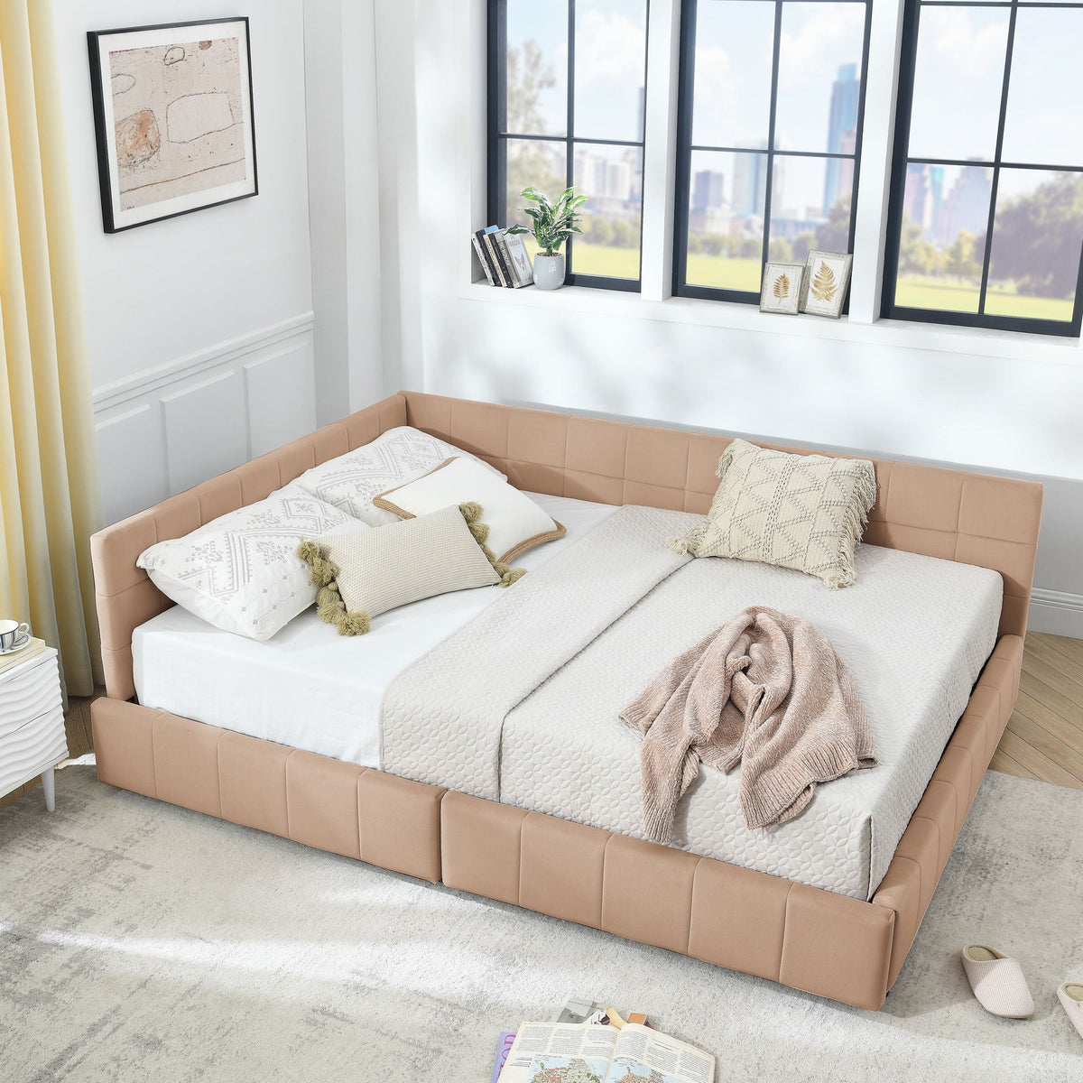 Mid-Century Storage Upholstered Tufted Bed Frame With Backrest And Armrests