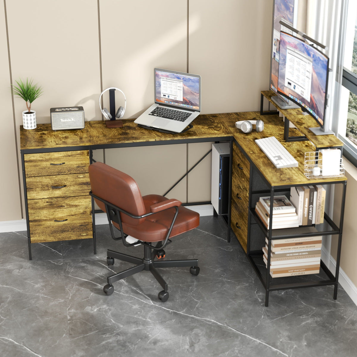Industrial L Shaped Desk With Power Hub With 6 Drawers And Adjustable Monitor Stands - Brown