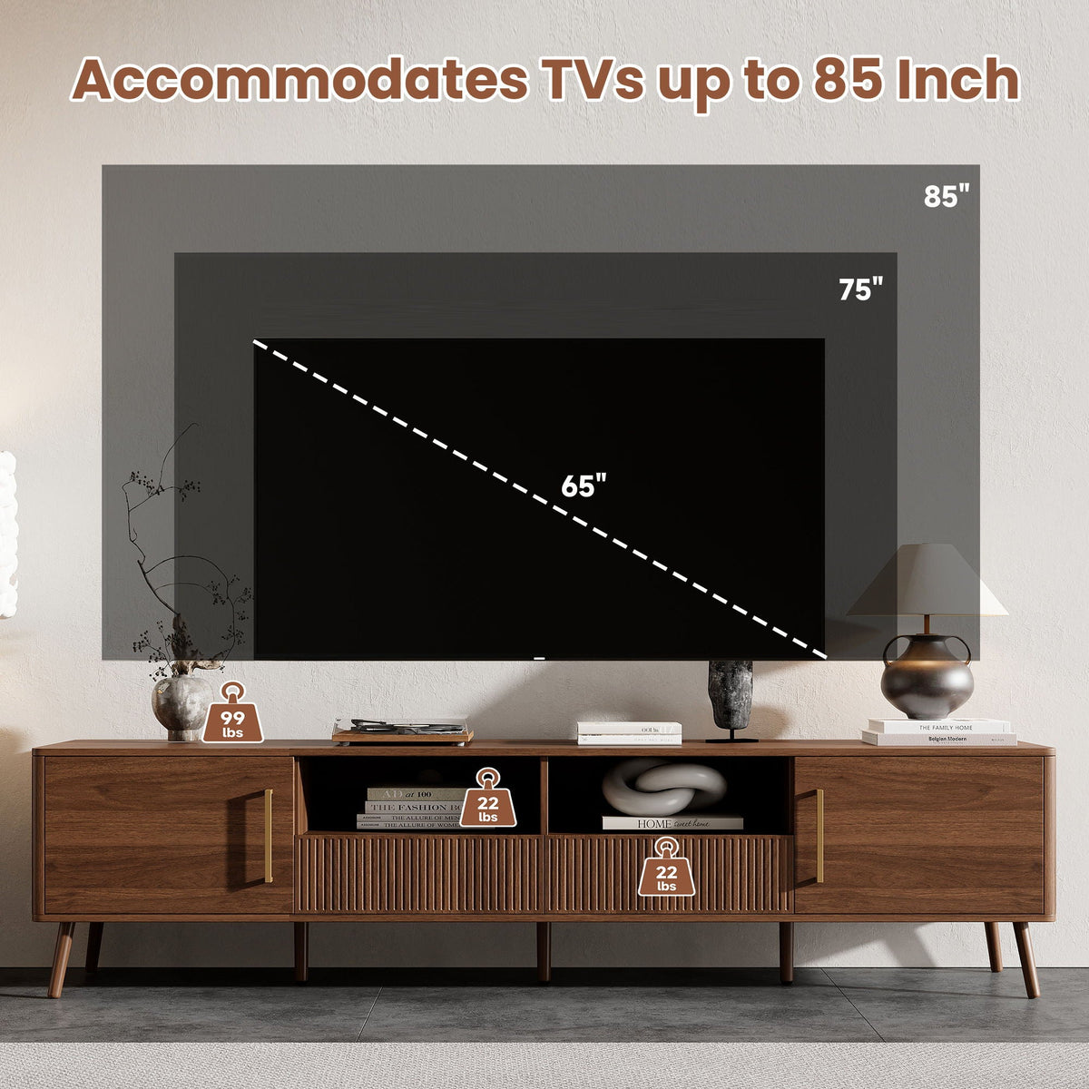 TV Stand For TVs Up To 85" With Soft-Close Doors, Open Shelf, Cable Management - Walnut