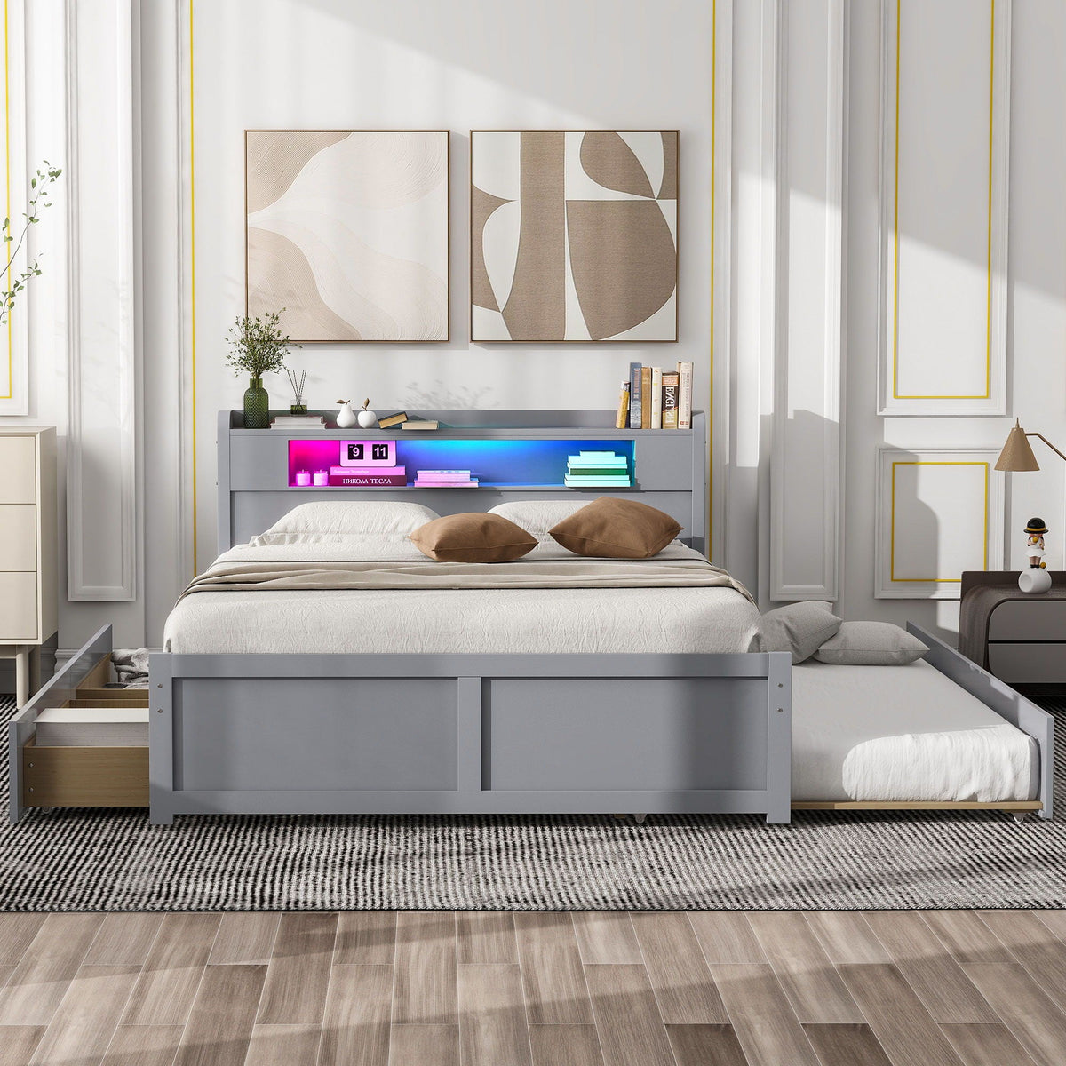 Storage Platform Bed With LED Lights, 2 Drawers And Trundle