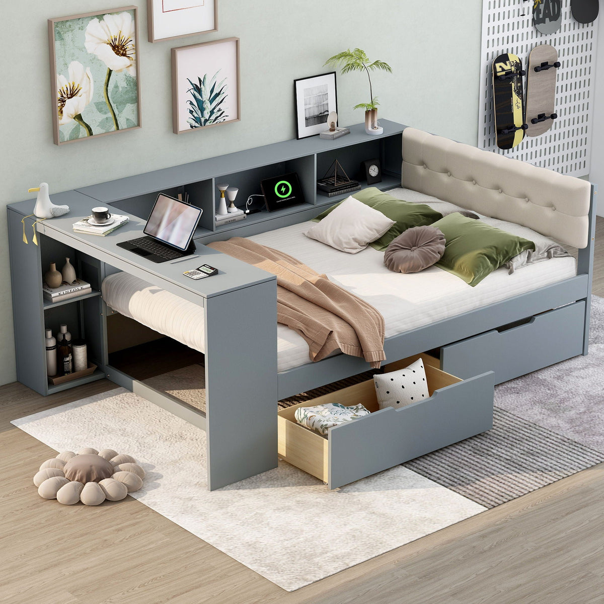 Upholstered Headboard Platform Bed With Storage Shelves, Drawers, Charging Station