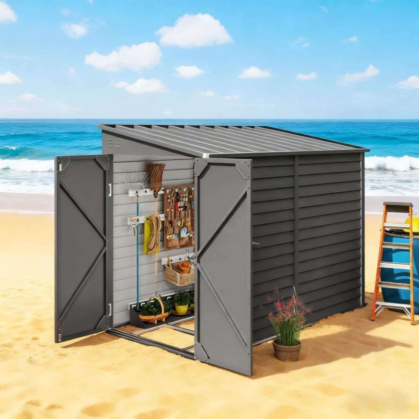 [05X09] Heavy-Duty Outdoor Galvanized Steel Storage Shed With Lockable Doors (SAK80637)