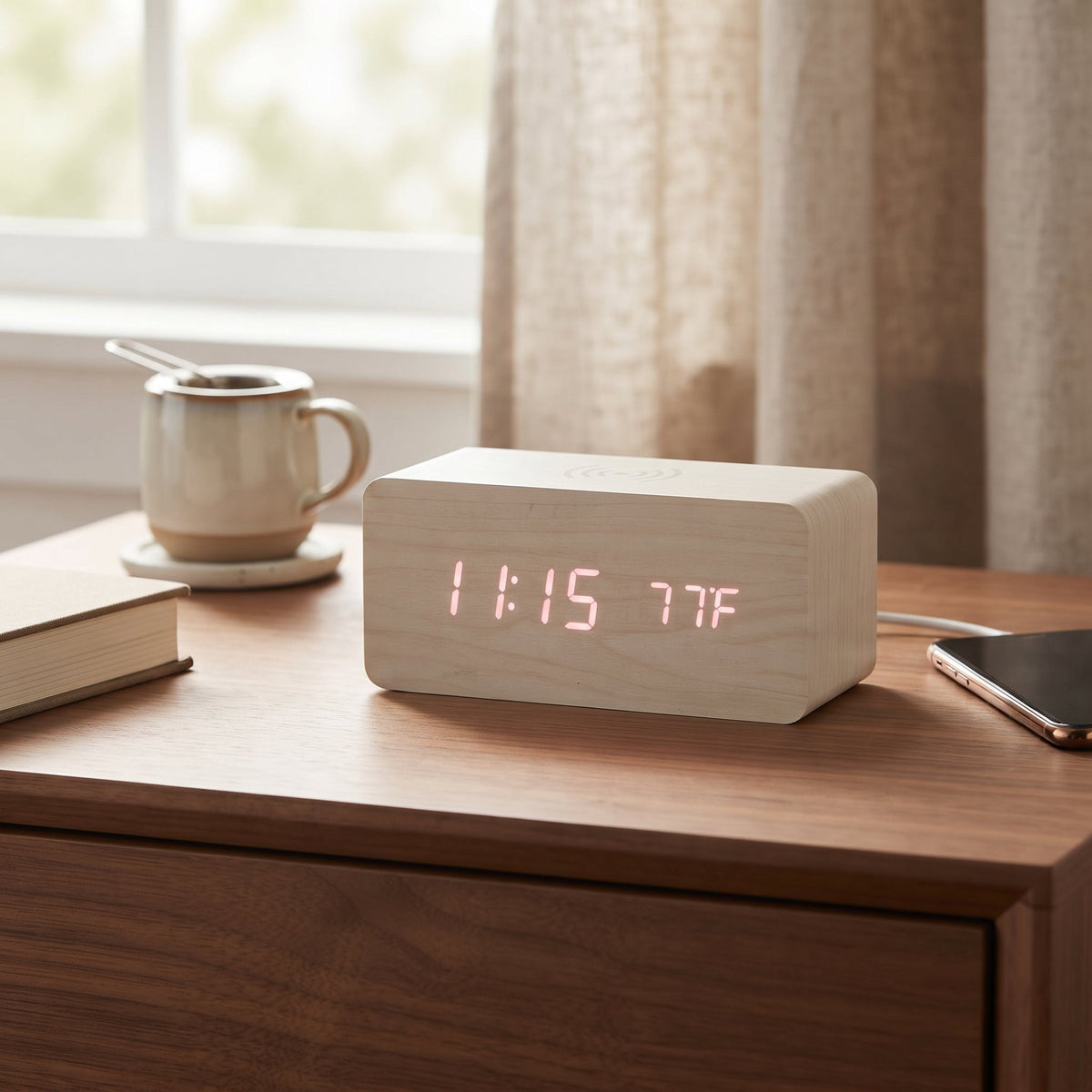 White Wood Wireless Phone Charger/Digital Clock