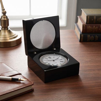 Black Square Wood Box with Clock & Engraving Plate