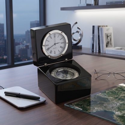 Black Square Wood Box with Clock & Compass