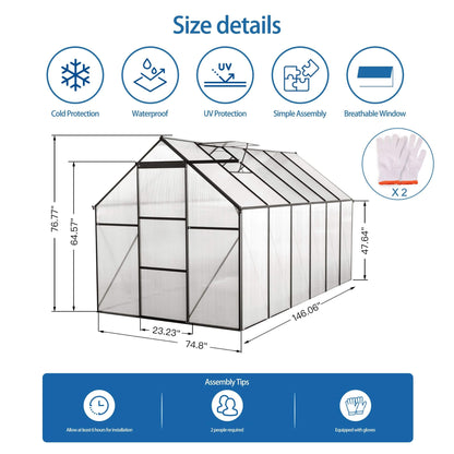 [06X12FT] Alora Heavy-Duty Black Polycarbonate Greenhouse With Raised Base And Anchor (SAK92451)