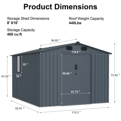 [08X10FT] Large Outdoor Metal Backyard Garden Storage Tool Shed With Window And Lockable Doors (SAK68140)