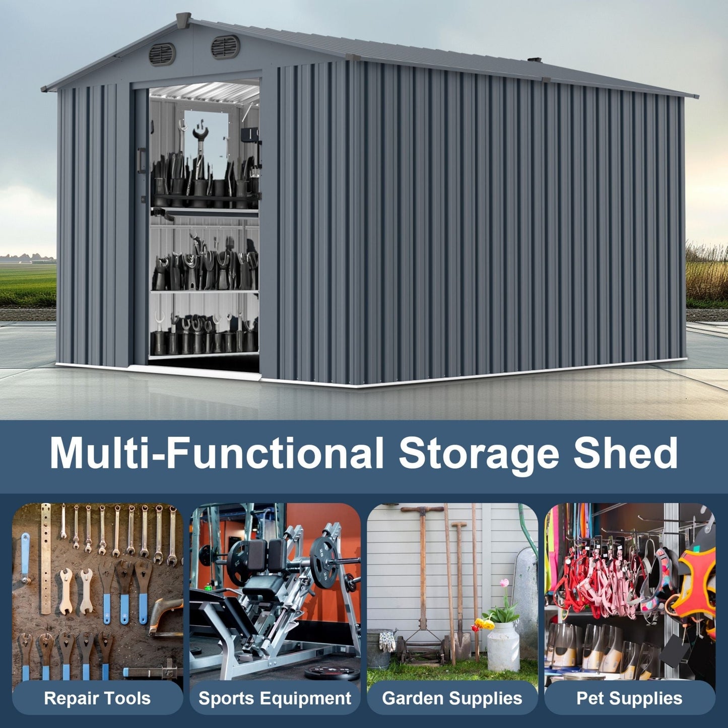 [08X10FT] Large Outdoor Metal Backyard Garden Storage Tool Shed With Window And Lockable Doors (SAK68140)
