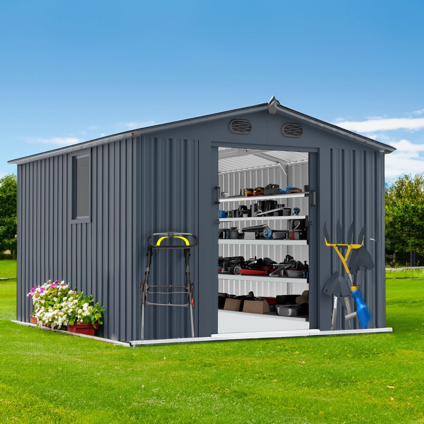 [08X10FT] Large Outdoor Metal Backyard Garden Storage Tool Shed With Window And Lockable Doors (SAK68140)