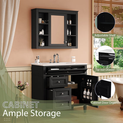Bathroom Vanity With Mirror Cabinet, Single Sink With 2 Soft Closing Doors And 4 Drawers