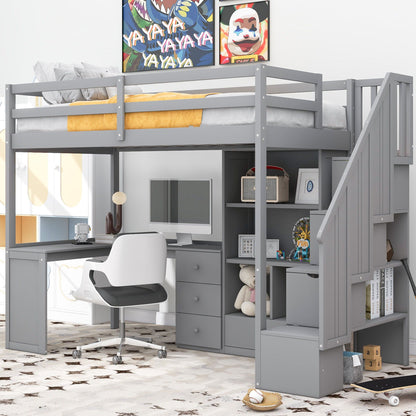 Loft Bed With L Shaped Desk, Drawers, Cabinet, And Storage Staircase