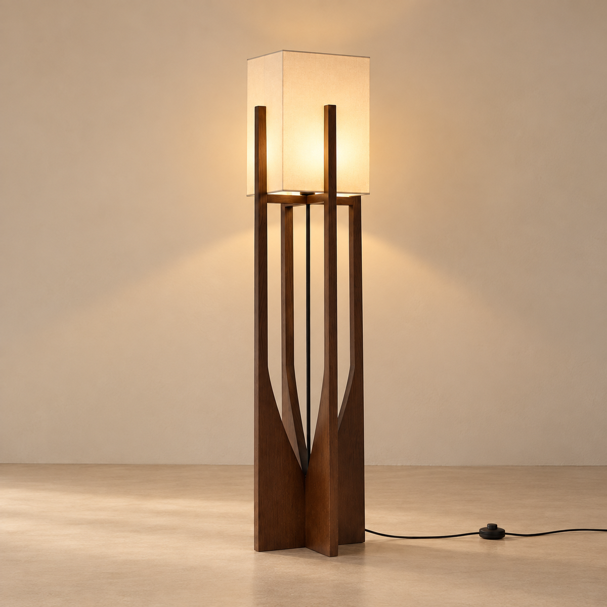 Minimalist Japanese Zen Floor Lamp, Solid Wood Standing Lamp with Soft Fabric Shade