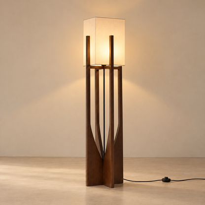 Minimalist Japanese Zen Floor Lamp, Solid Wood Standing Lamp with Soft Fabric Shade