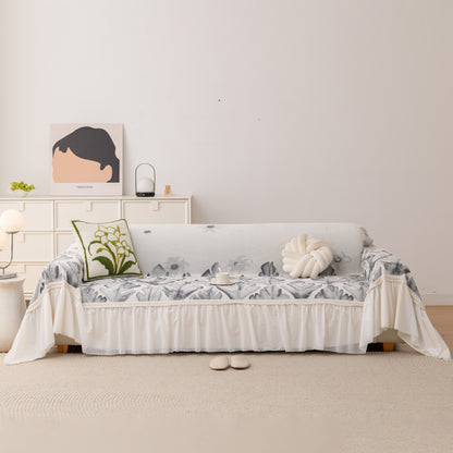Botanical Sofa Cover with Chiffon Skirt, Floral Couch Throw Blanket for All-Season