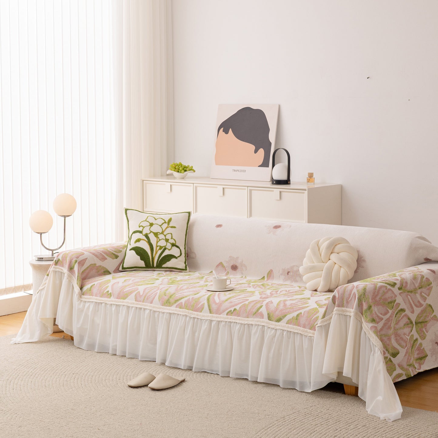 Botanical Sofa Cover with Chiffon Skirt, Floral Couch Throw Blanket for All-Season